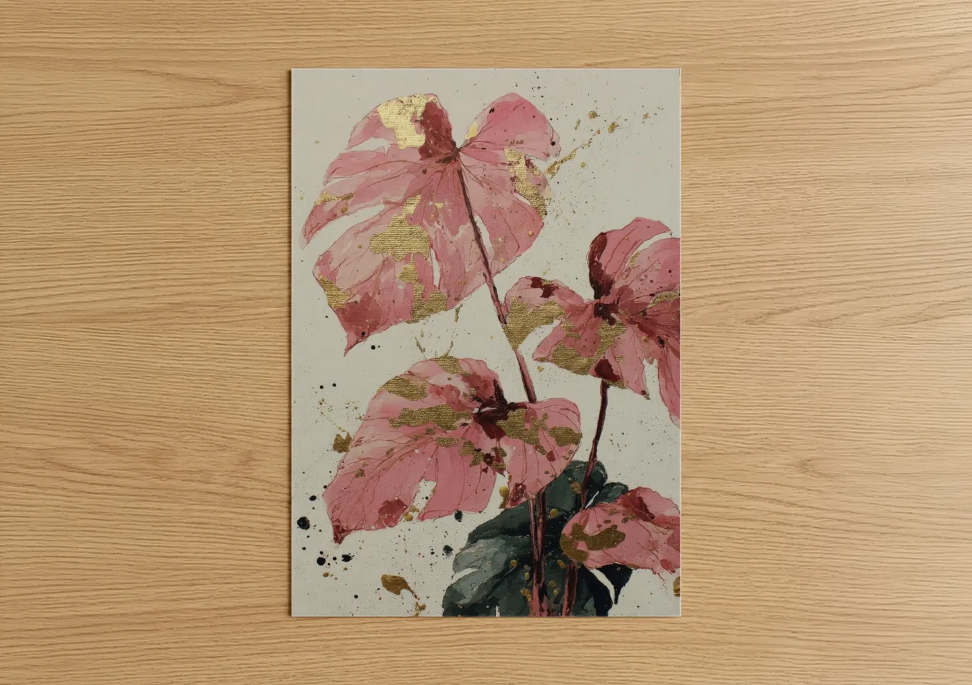 Palm tree art print on warm oak wood — rose gold and cream palette — Faded Palm Elegance poster