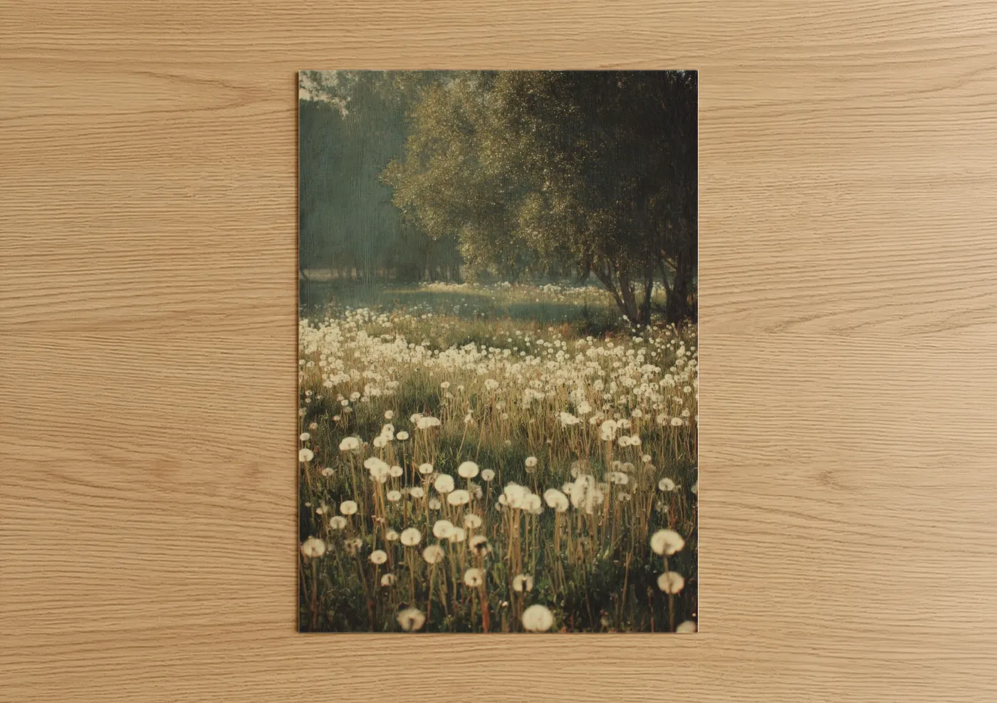 Art print on warm oak wood — cream and sage green palette — Meadow Dandelions poster