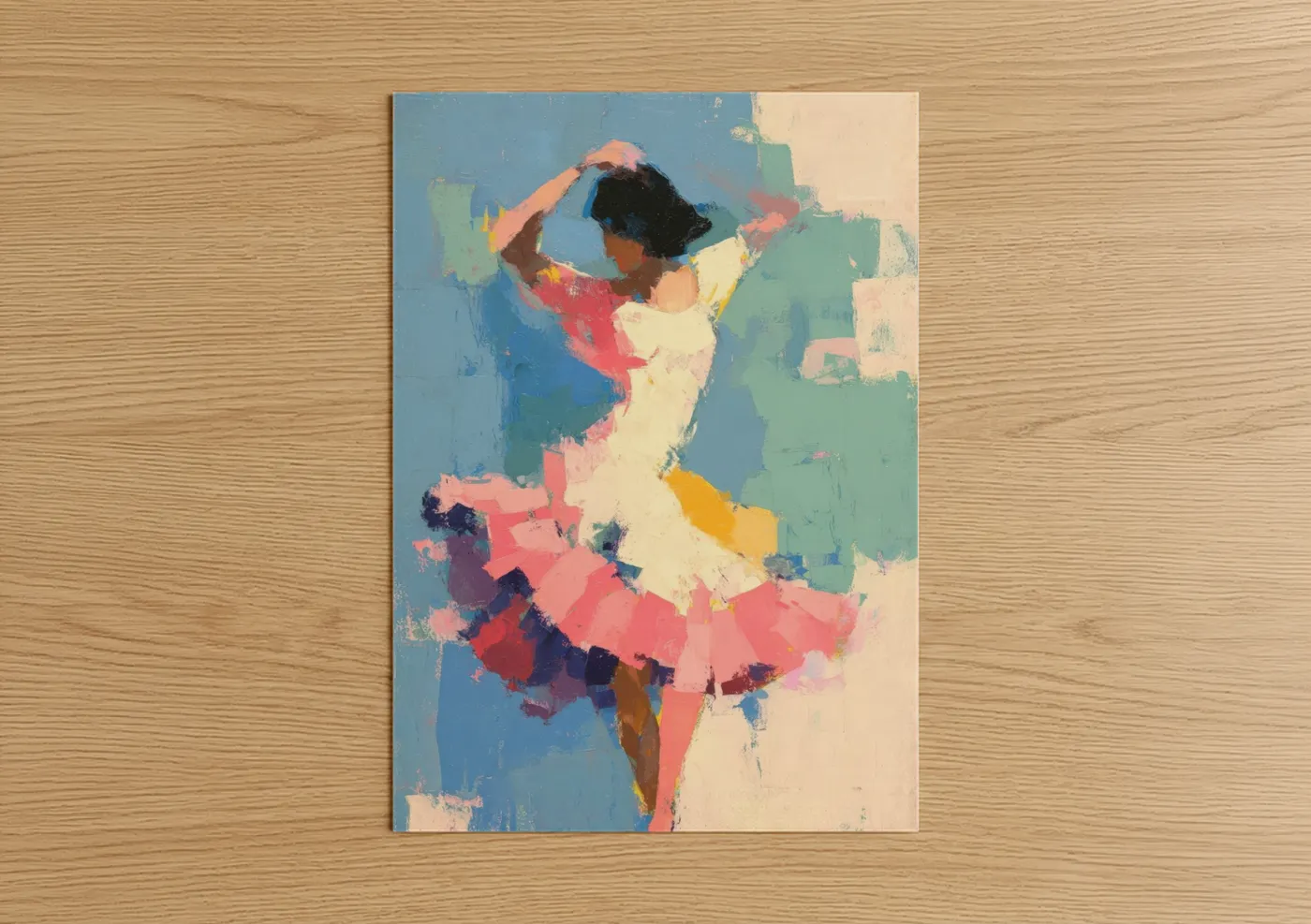 Art print on warm oak wood — blue and pink palette — Vibrant Salsa Dancer poster
