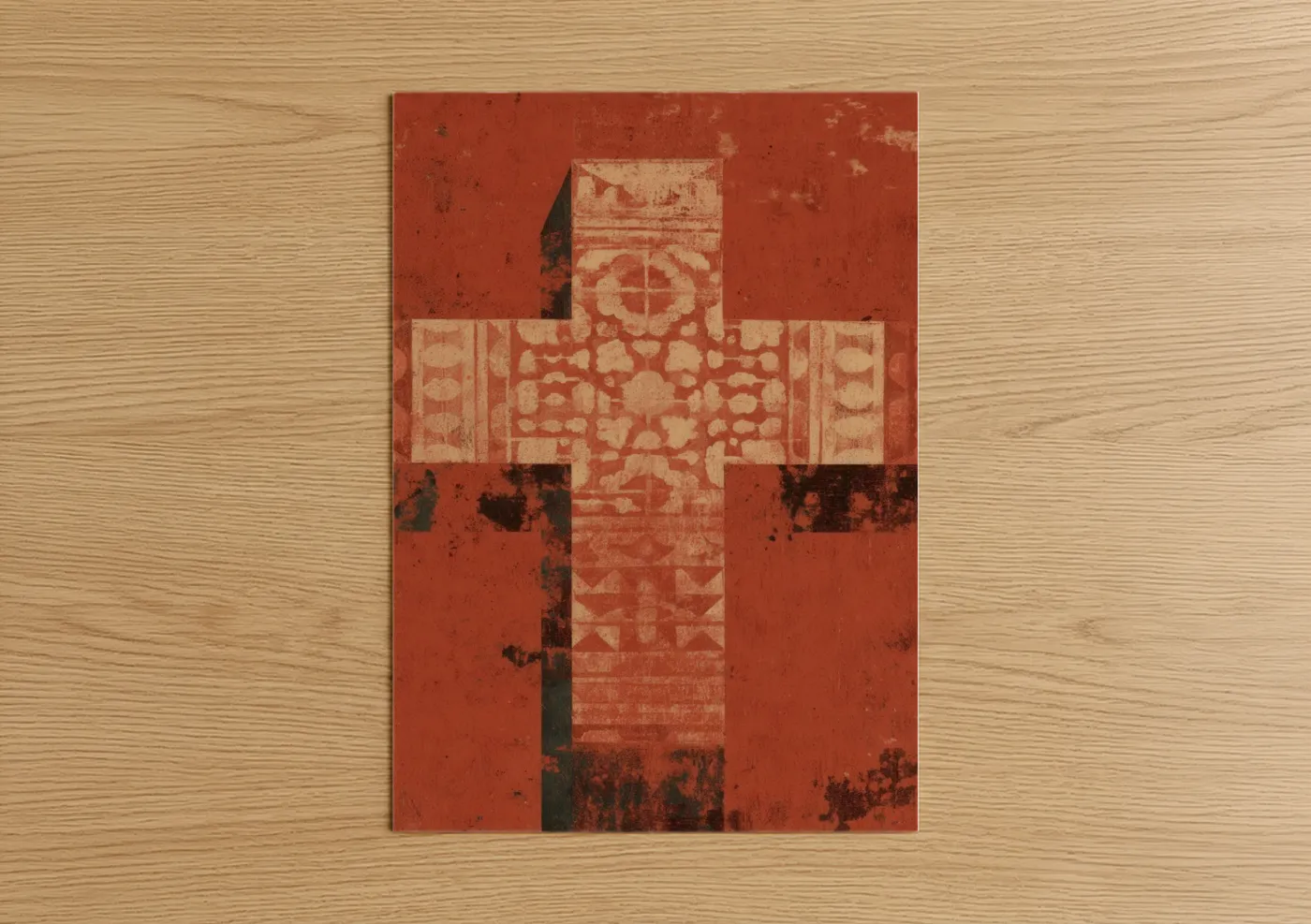 Christian symbols art print on warm oak wood — red and cream palette — Vintage Cross poster
