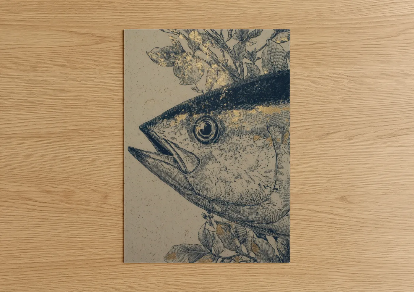 Golden Tuna Detailed Line Art Illustration Wall Art