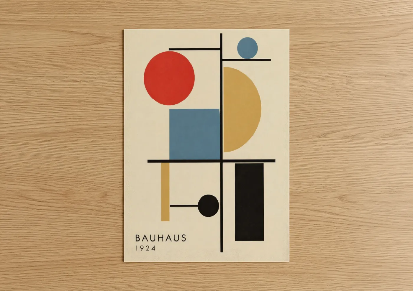 Abstract geometric art print on warm oak wood — beige and red palette — Bauhaus Geometric Composition Wall Art poster