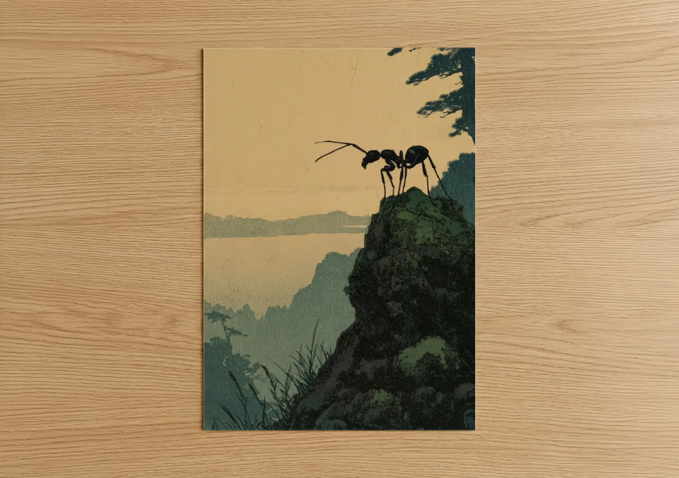Art print on warm oak wood — cream and teal palette — Mountain Ant Explorer poster