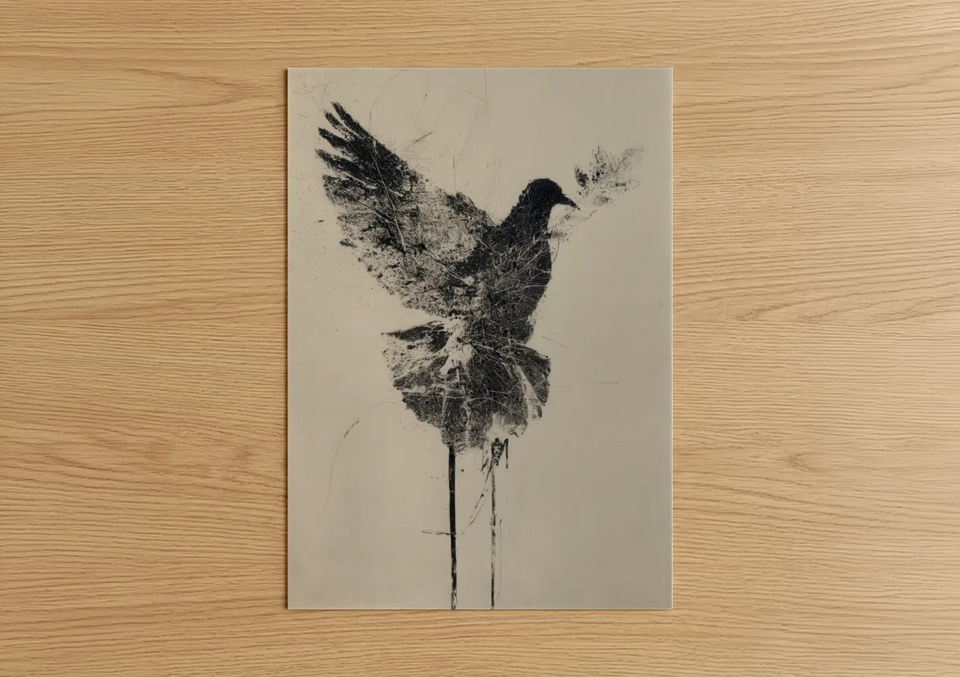 Art print on warm oak wood — black and white palette — Dispersing Dove poster