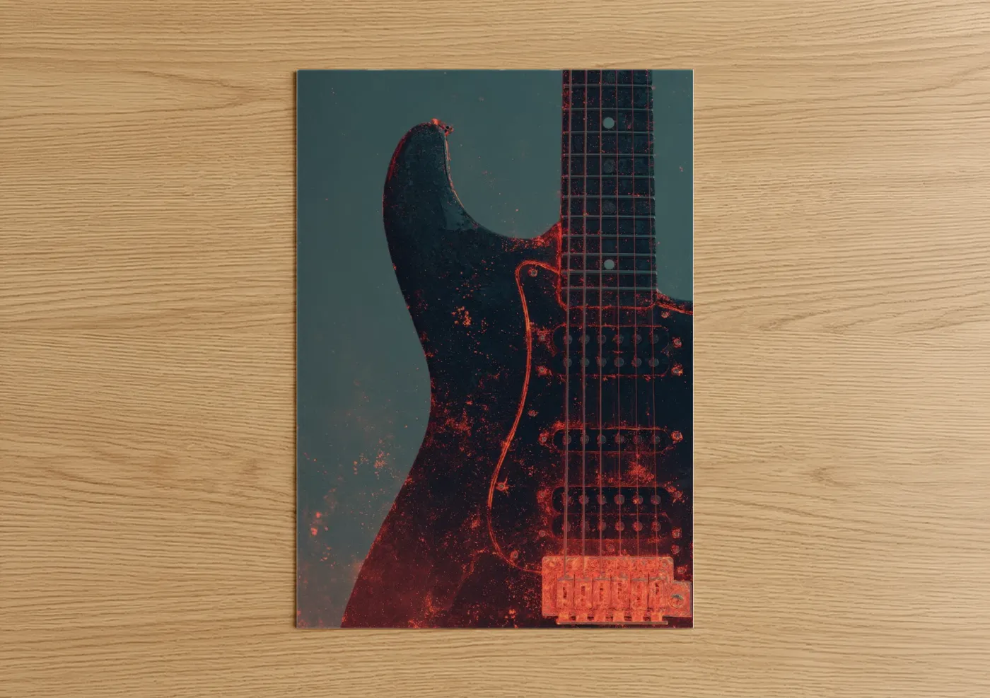 Rock'n roll art print on warm oak wood — red and teal palette — Fiery Electric Guitar poster