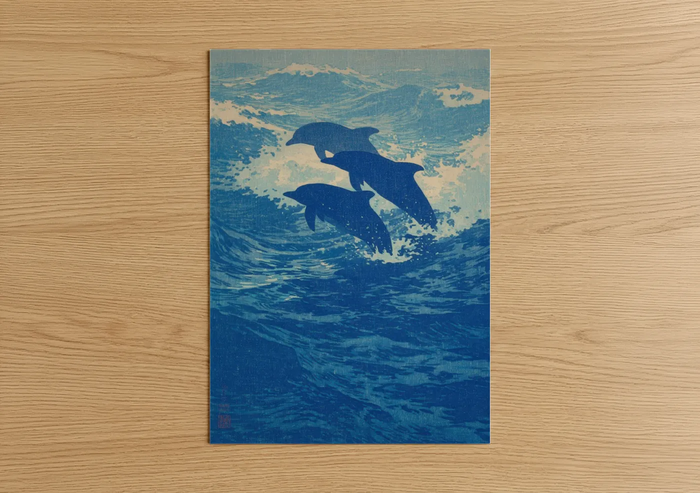 Art print on warm oak wood — blue and cream palette — Leaping Dolphins poster