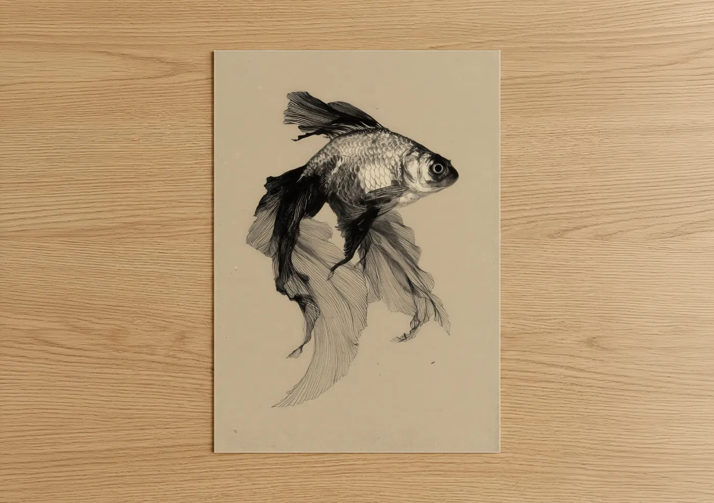 Black Fantail Goldfish Detailed Illustration Wall Art
