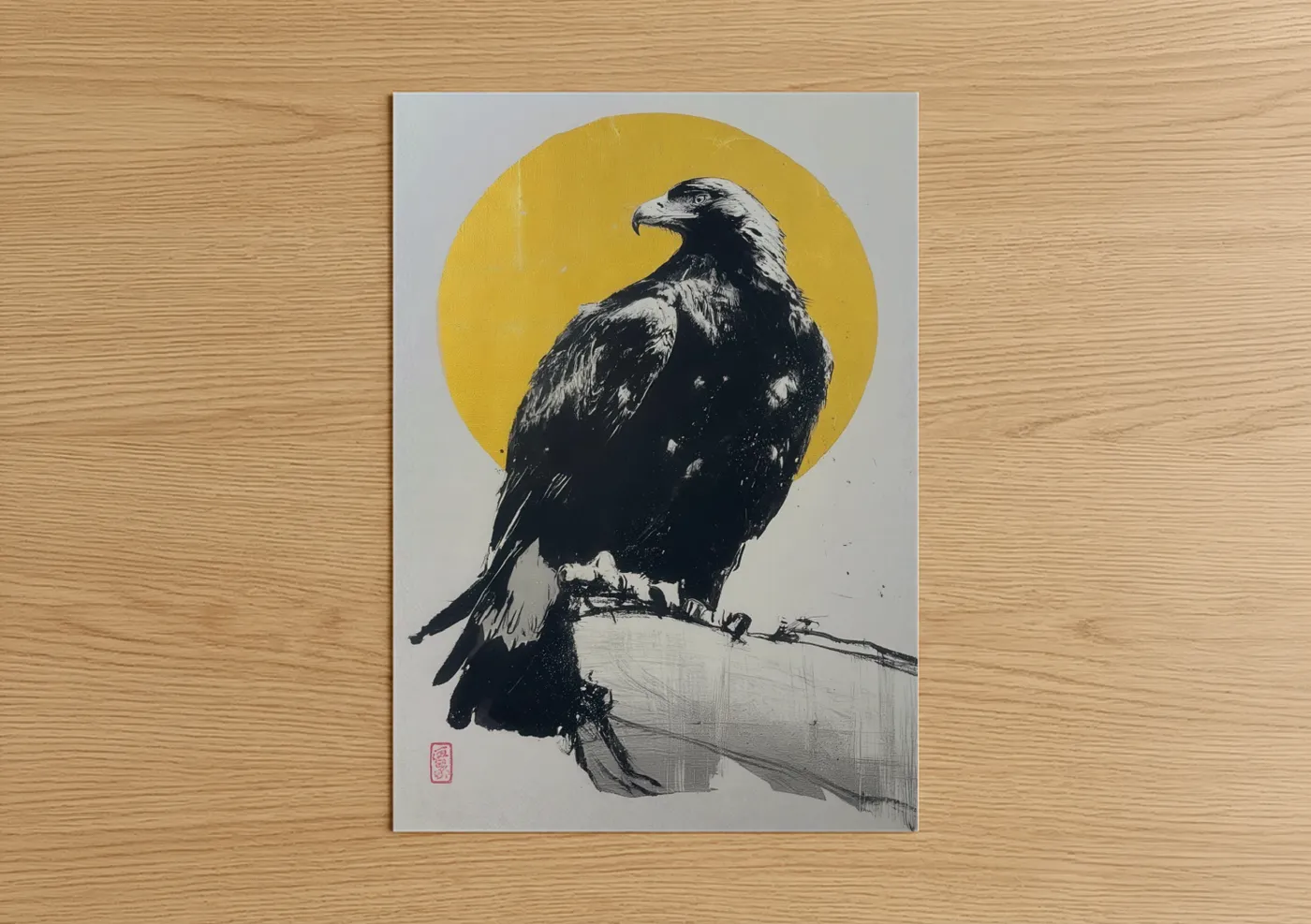 Art print on warm oak wood — gold and black and white palette — Golden Eagle Perch poster