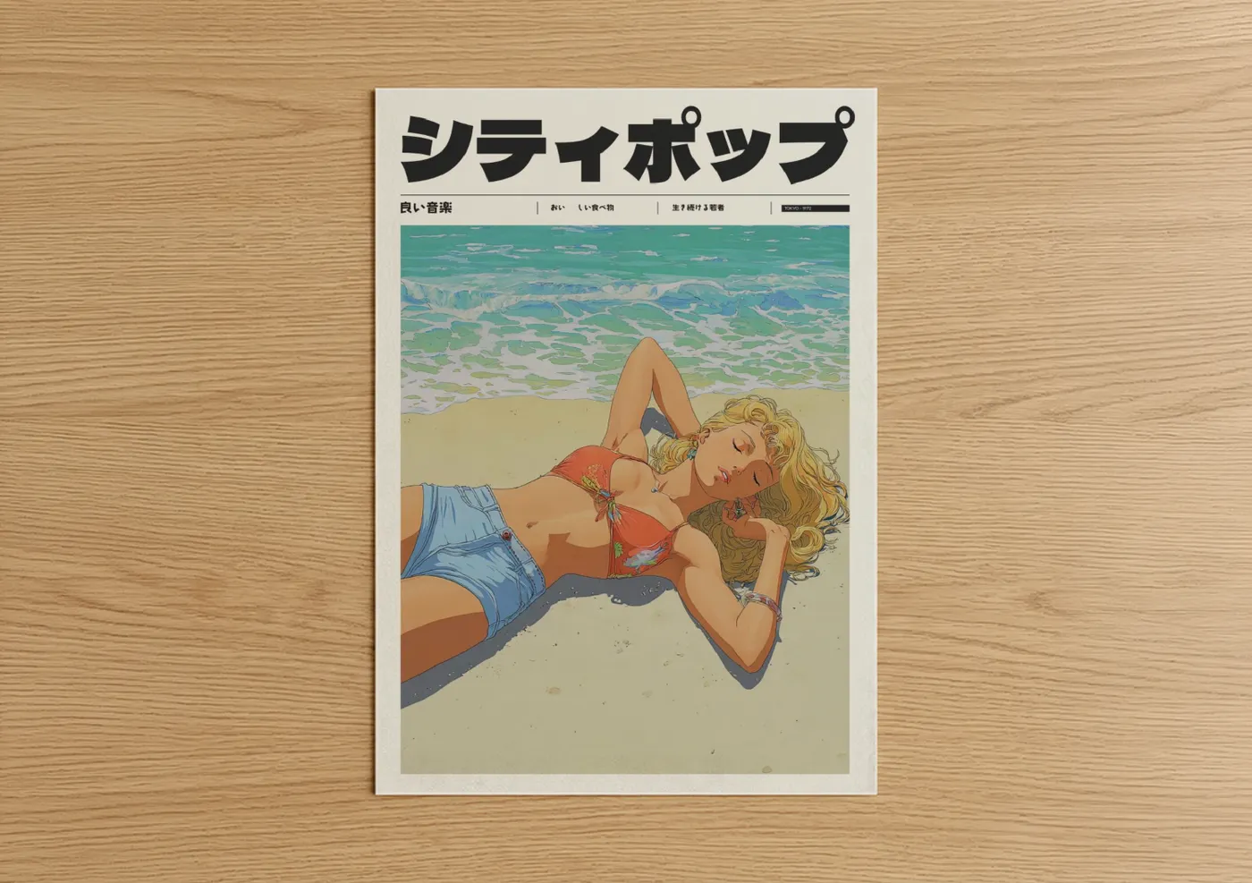 Retro Anime Beach Girl Illustration Wall Art