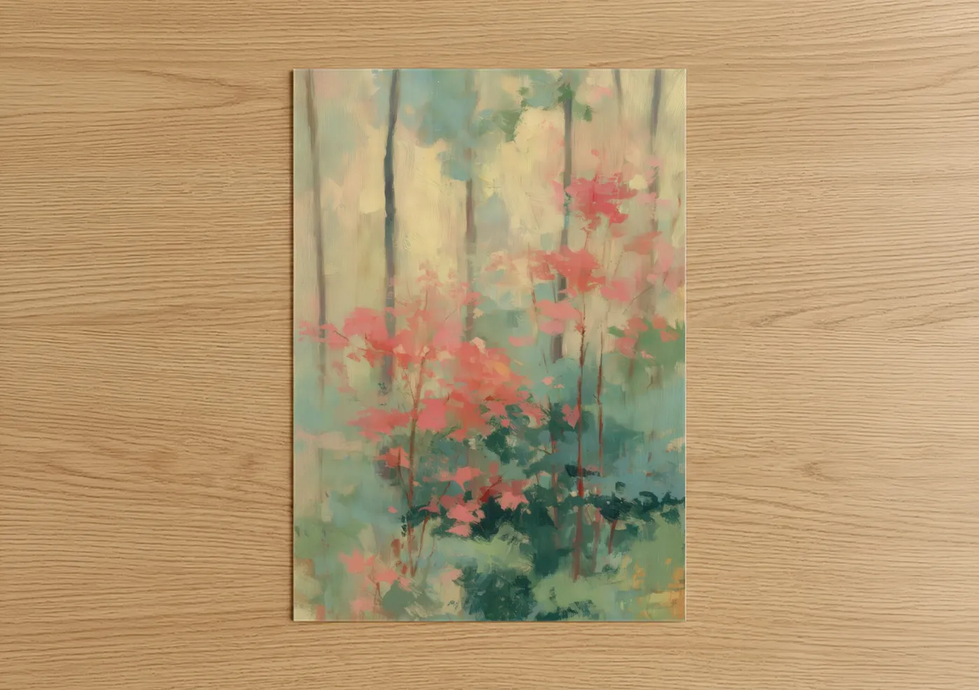 Art print on warm oak wood — pink and sage green palette — Crimson Maple Forest poster