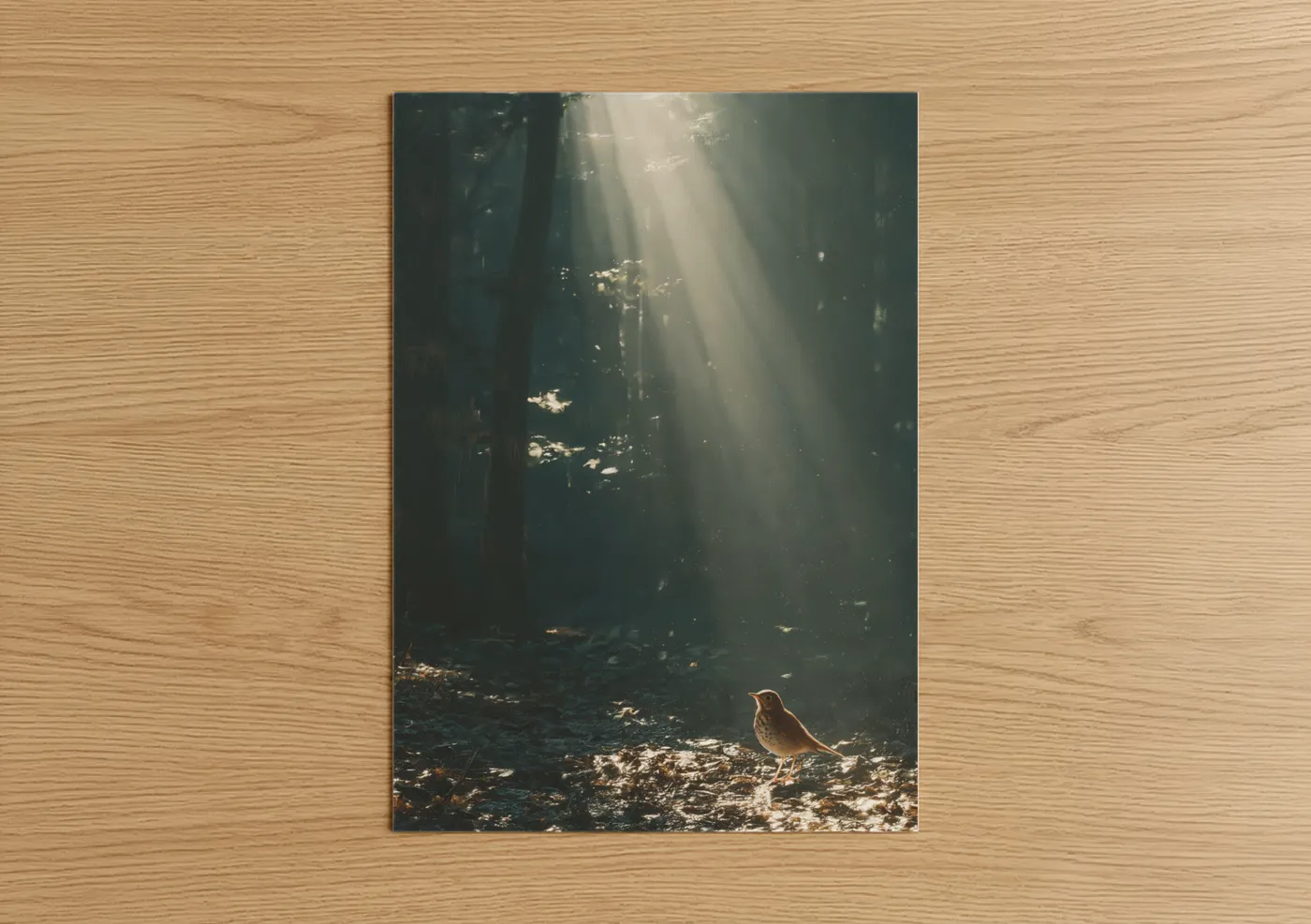 Art print on warm oak wood — dark green and gold palette — Forest Thrush poster