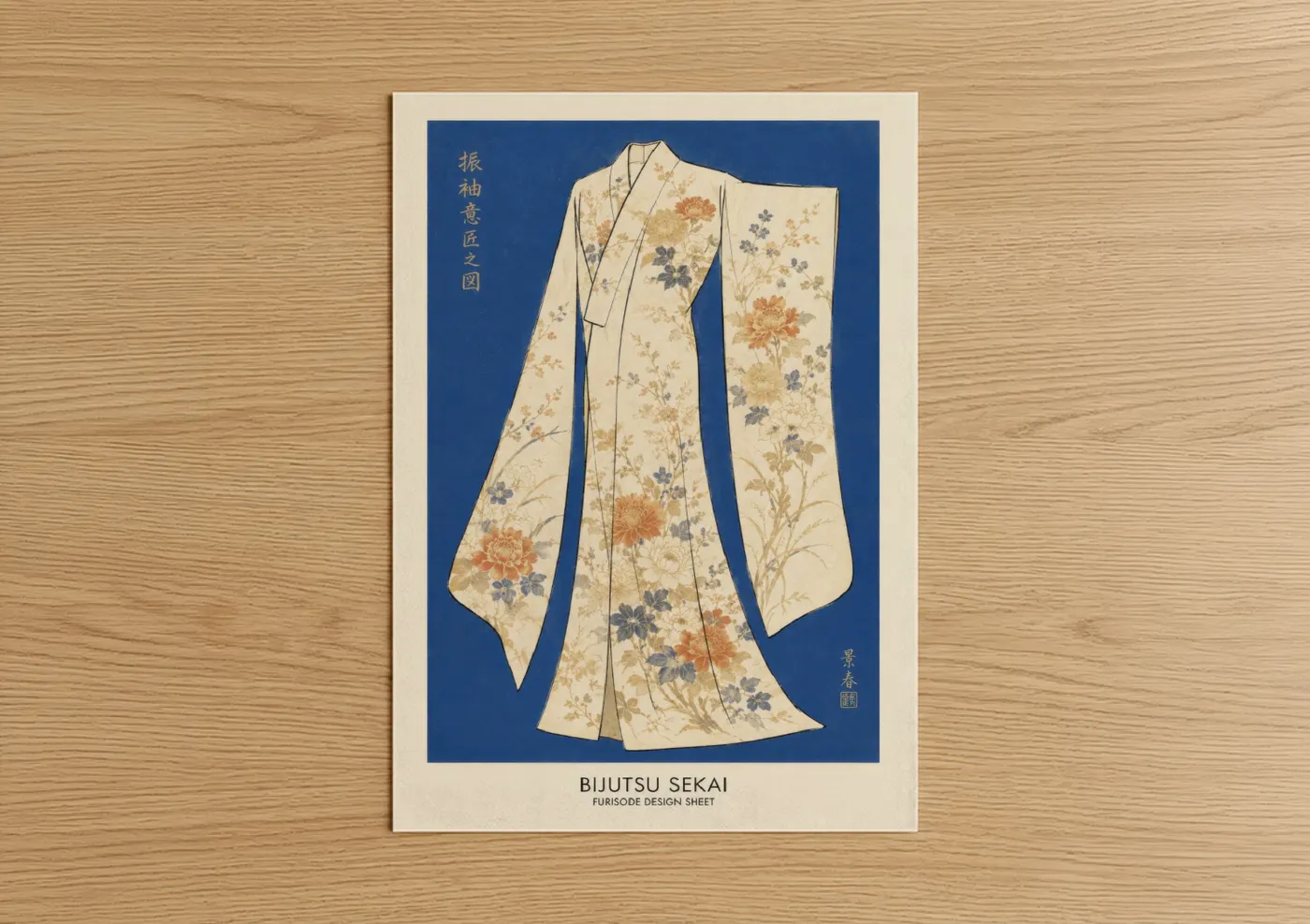 Art print on warm oak wood — blue and cream palette — Japanese Kimono Fashion Illustration Wall Art poster