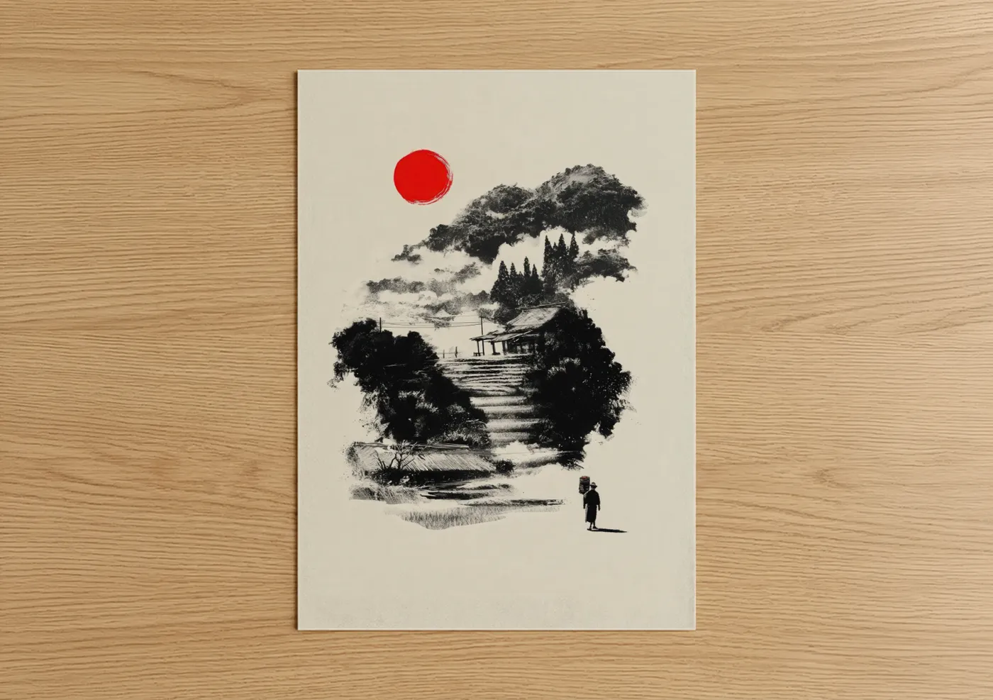Various landscapes art print on warm oak wood — black and white and red palette — Solitary Journey poster