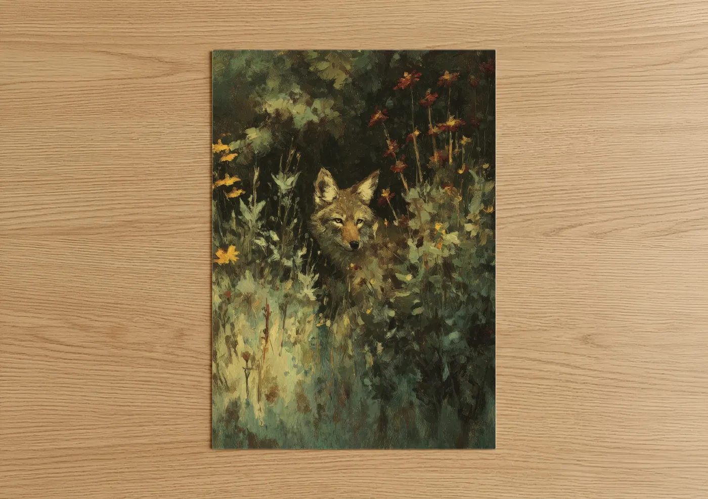 Art print on warm oak wood — gold and dark green palette — Wildflower Coyote poster