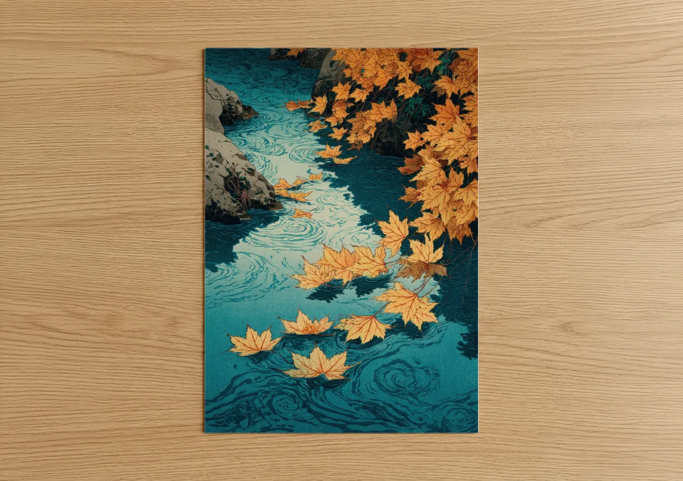 Maple forest art print on warm oak wood — gold and teal palette — Autumn Maple Stream poster