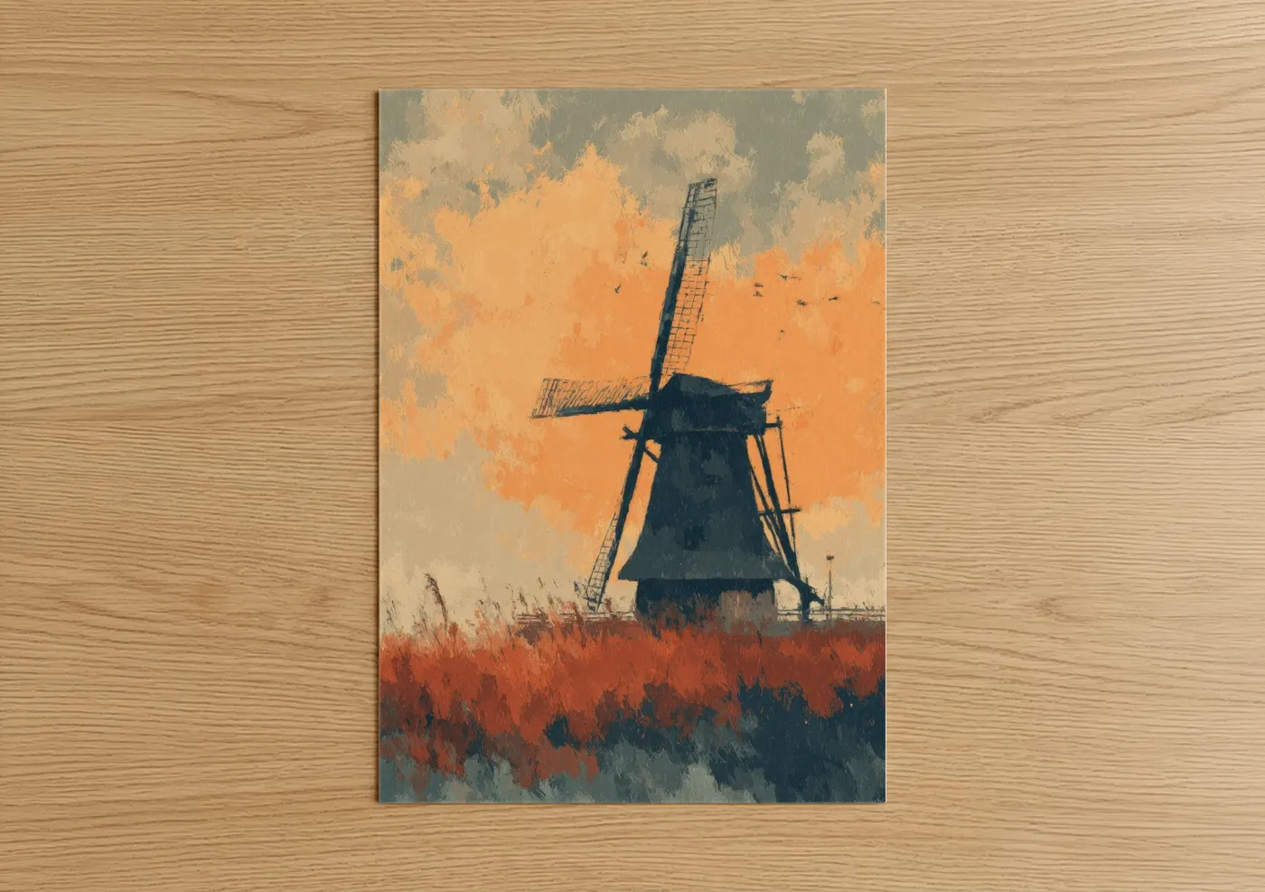 Golden Windmill Sunset Landscape Art Wall Art