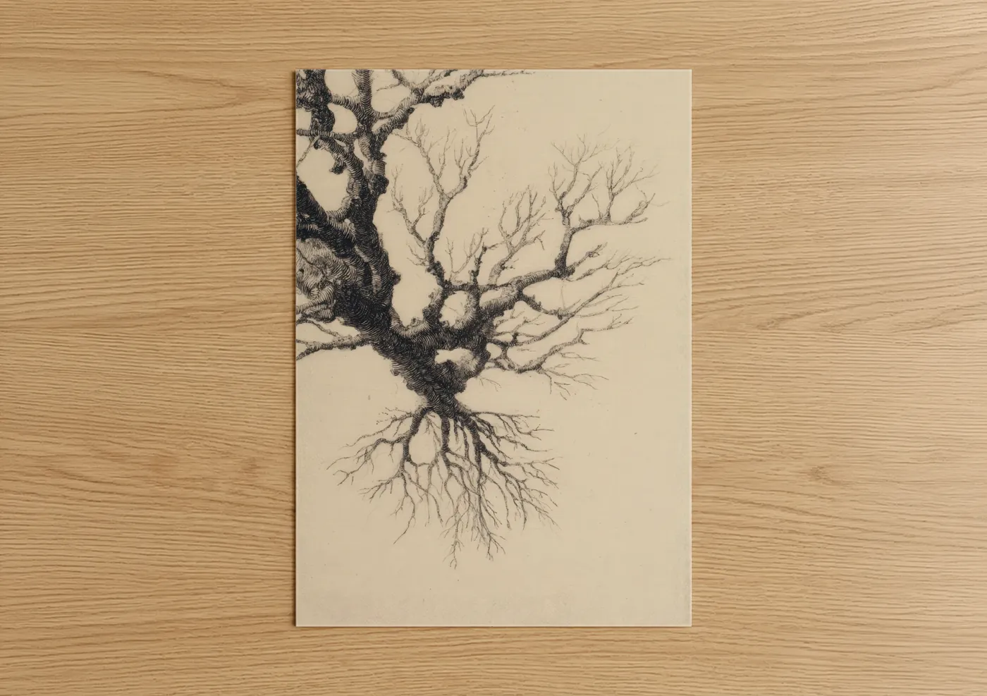 Art print on warm oak wood — black and white and cream palette — Ancient Mangrove poster