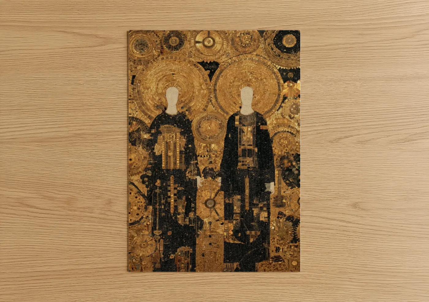 Art print on warm oak wood — gold and black palette — Mechanical Gemini poster