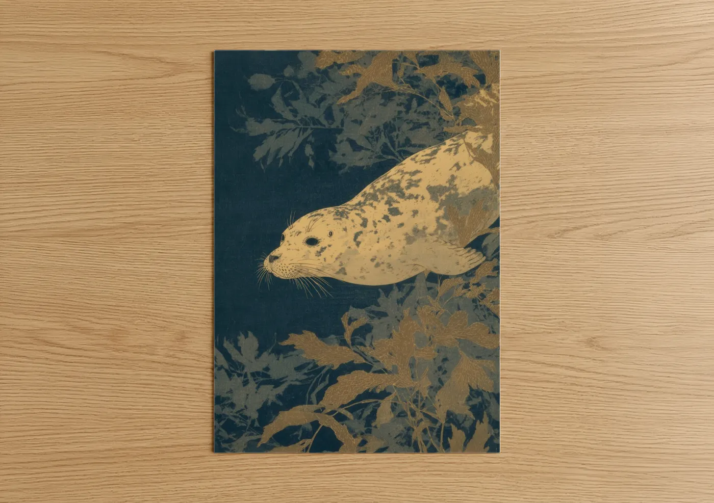 Art print on warm oak wood — dark blue and gold palette — Spotted Seal poster