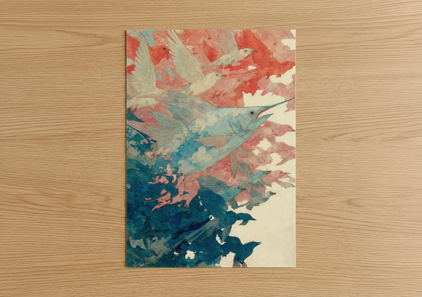 Art print on warm oak wood — blue and salmon pink palette — Azure Sailfish poster
