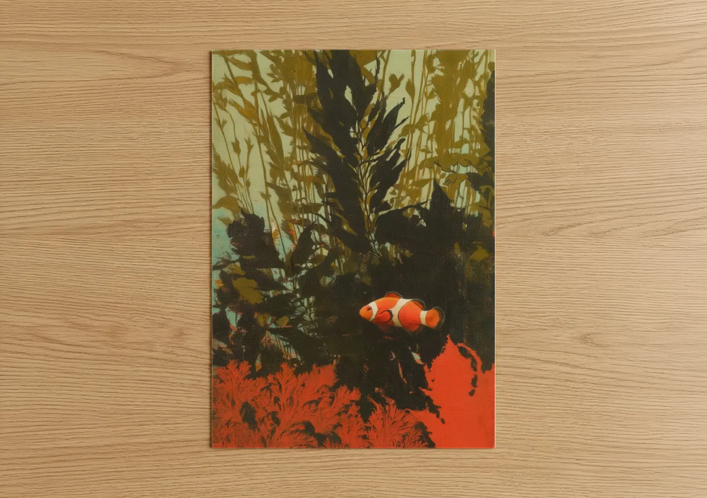 Clown fish art print on warm oak wood — orange and black and white palette — Coral Clownfish poster