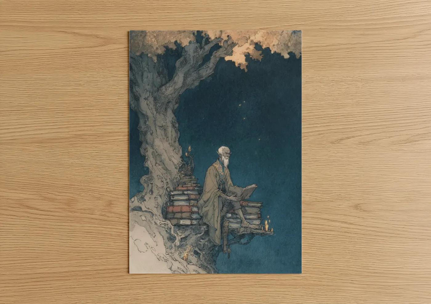 Scholarly Elf Reading Books Illustration Wall Art