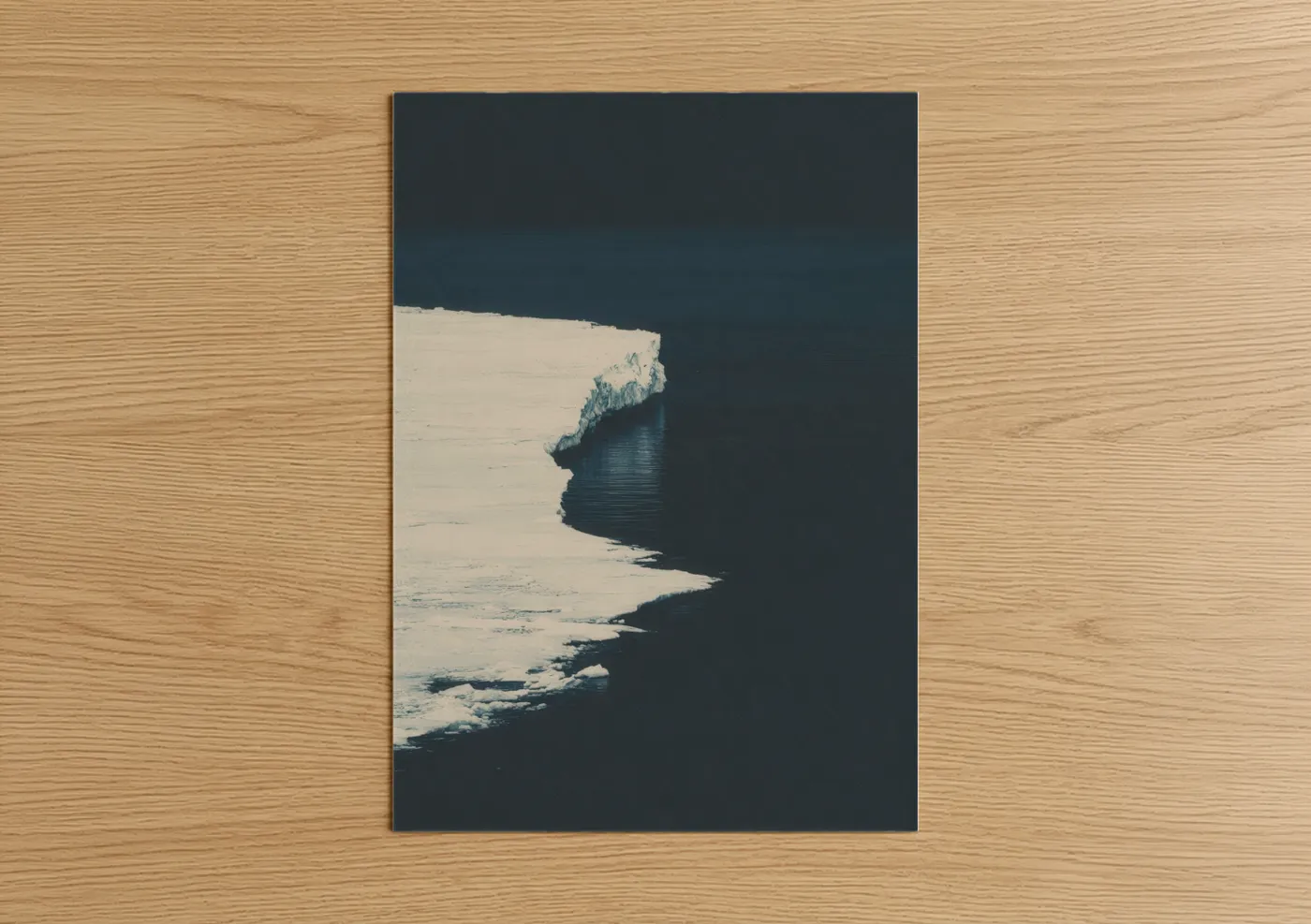 Art print on warm oak wood — white and dark blue palette — Arctic Glacier Edge poster