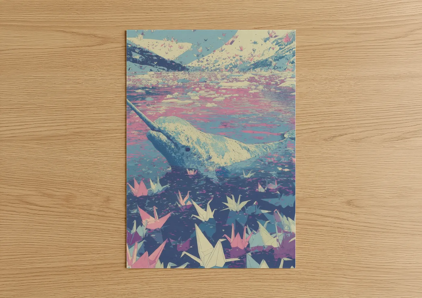 Art print on warm oak wood — pink and blue palette — Dreaming Narwhal poster
