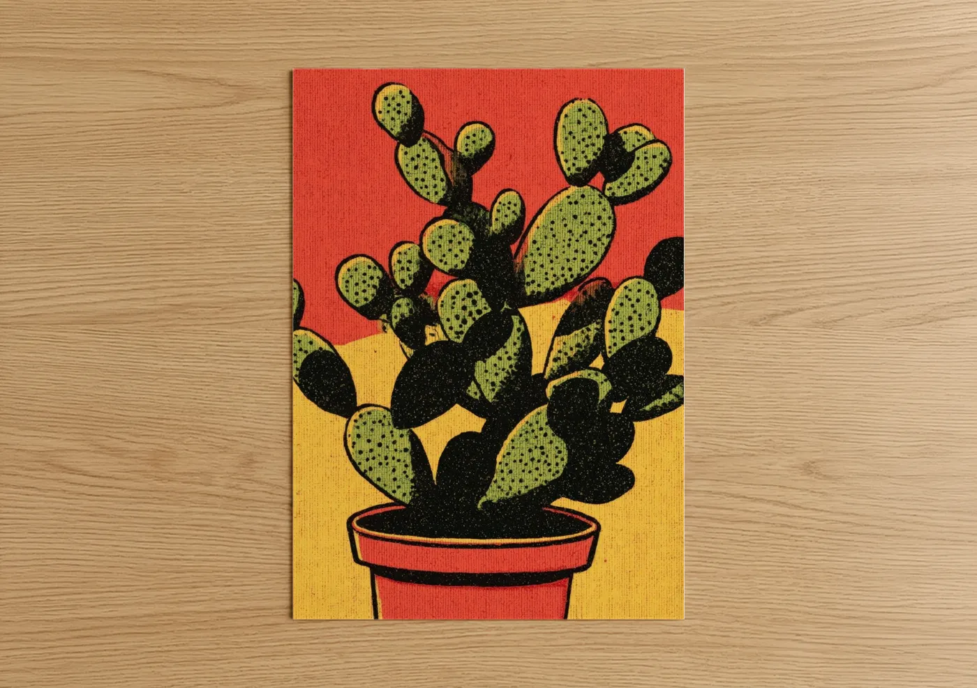 Art print on warm oak wood — red and yellow palette — Desert Cactus Bloom poster