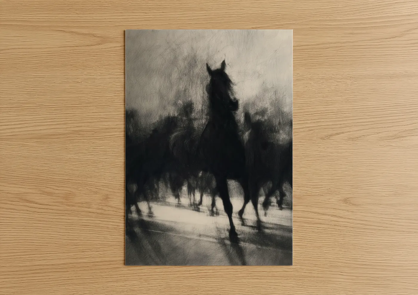 Andalusian horse art print on warm oak wood — black and white and gray palette — Misty Andalusian poster