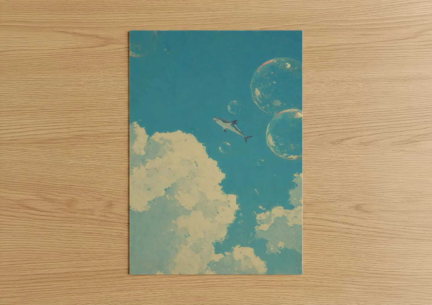 Blue shark art print on warm oak wood — teal and cream palette — Ethereal Shark poster