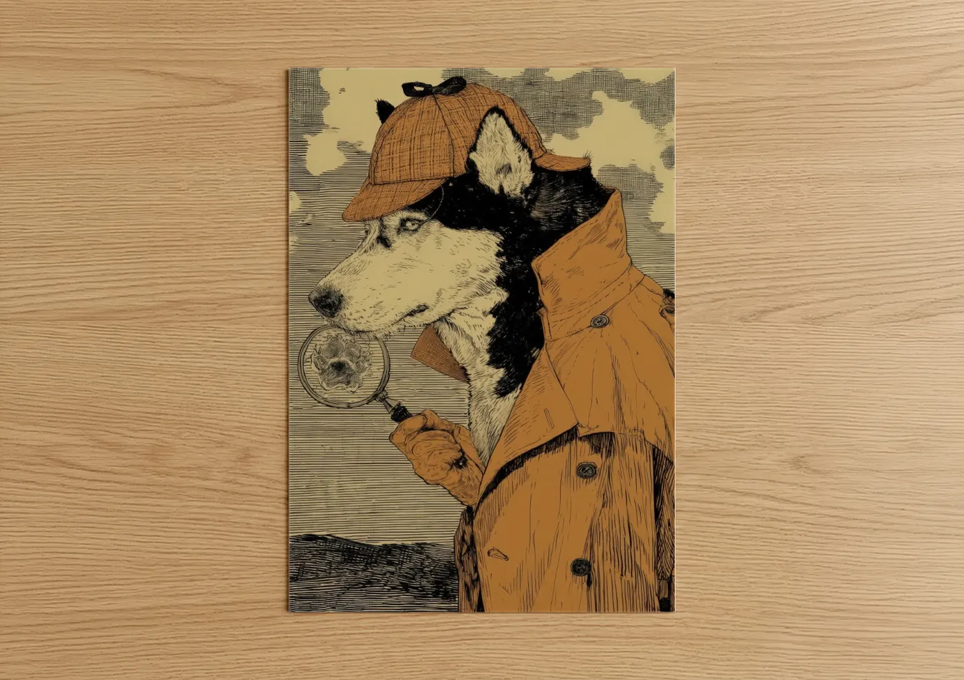 Art print on warm oak wood — cream and russet palette — Detective Husky poster
