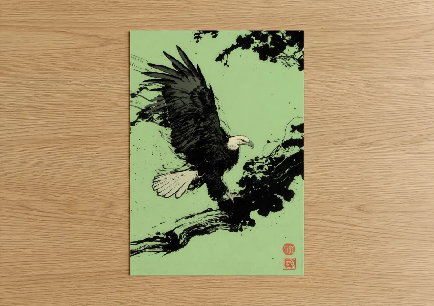 Art print on warm oak wood — black and light green palette — Majestic Eagle Landing poster