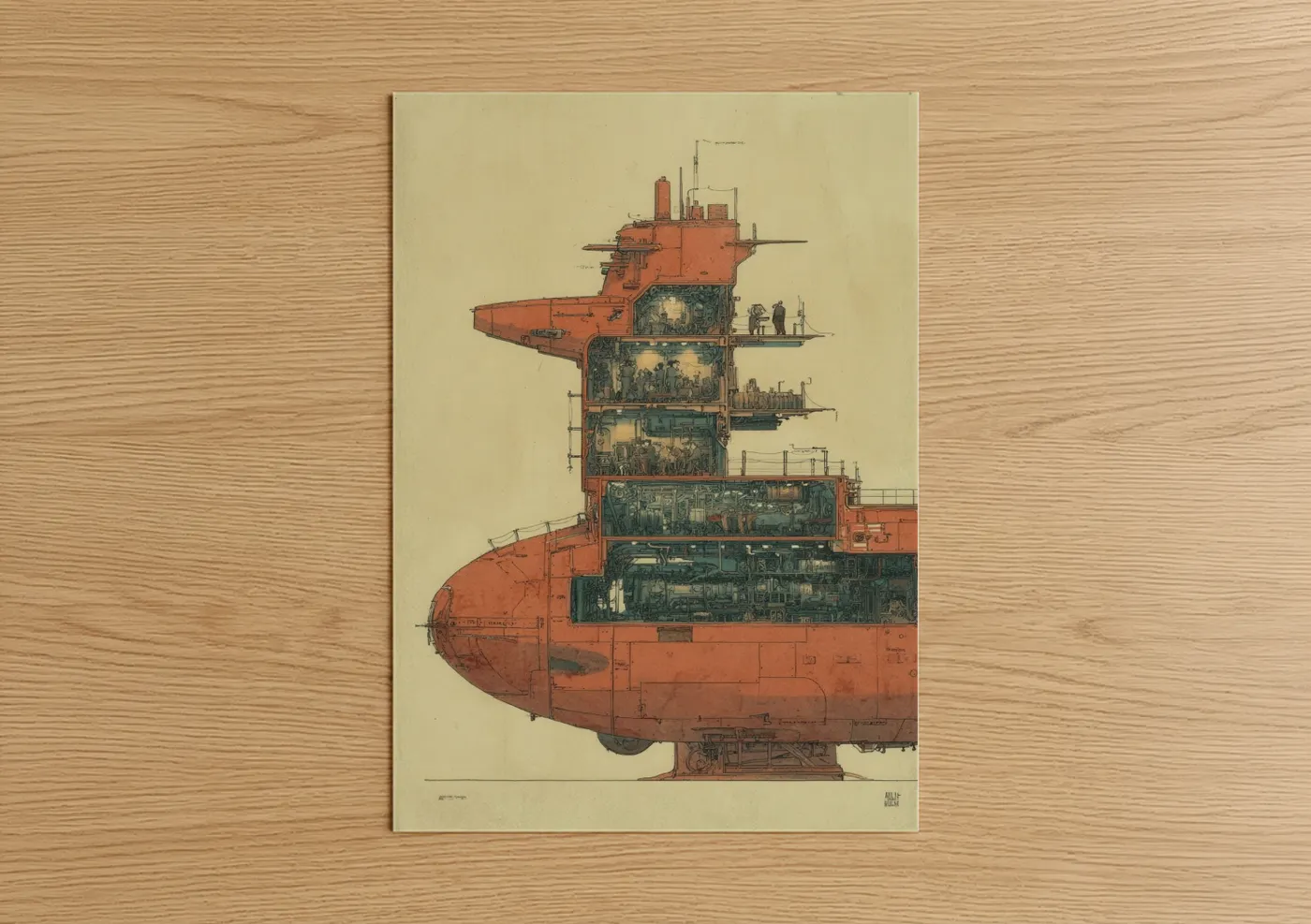 Steampunk Submarine Cross-Section Blueprint Wall Art