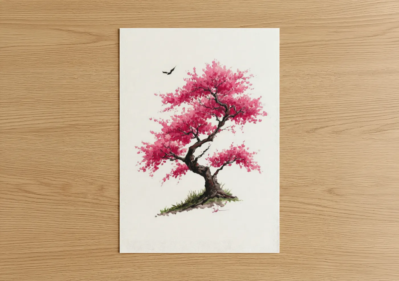 Cherry blossoms art print on warm oak wood — pink and white palette — Pink Blossom Tree poster