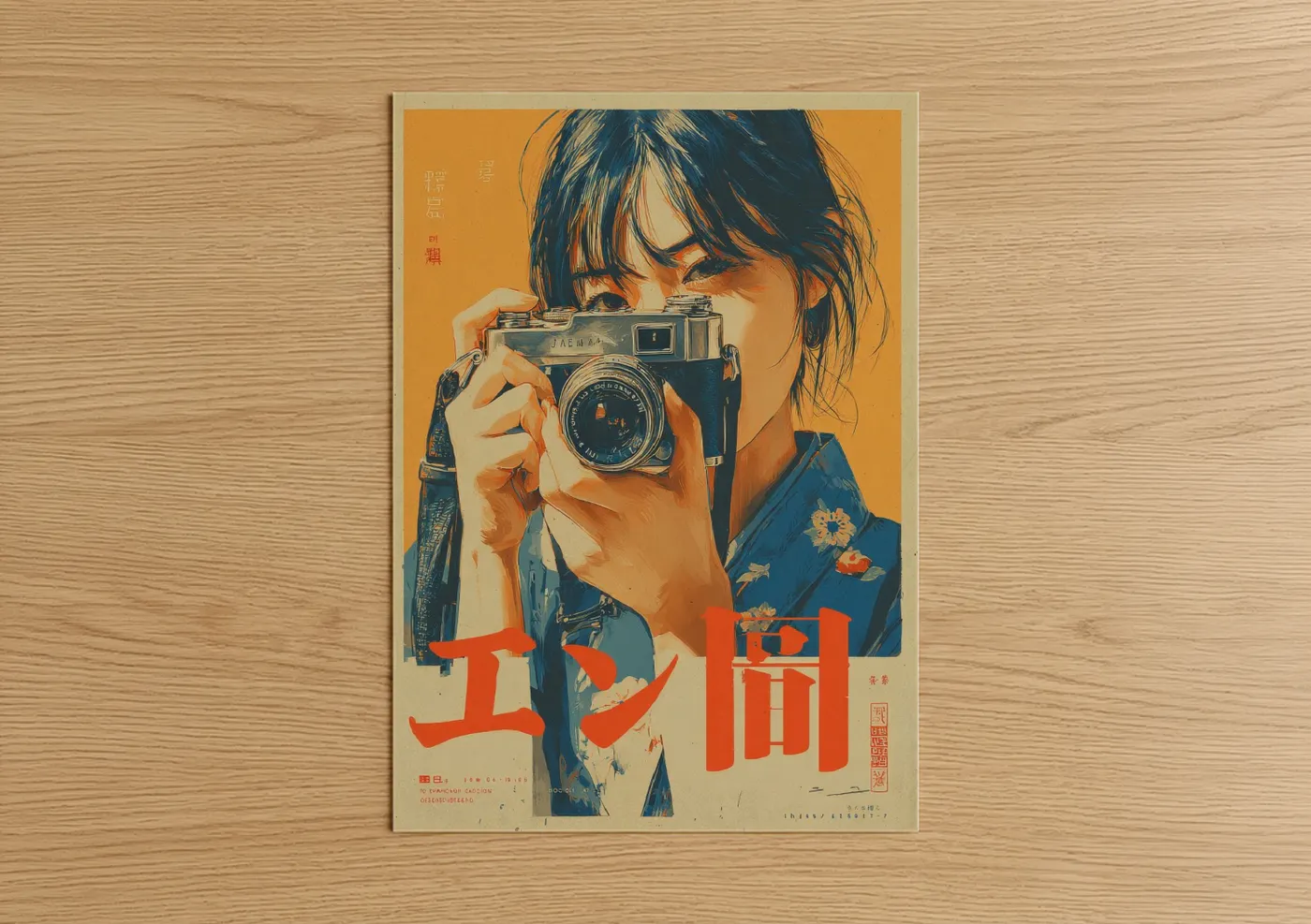 Vintage japanese ads art print on warm oak wood — orange and blue palette — Camera Girl Vintage poster