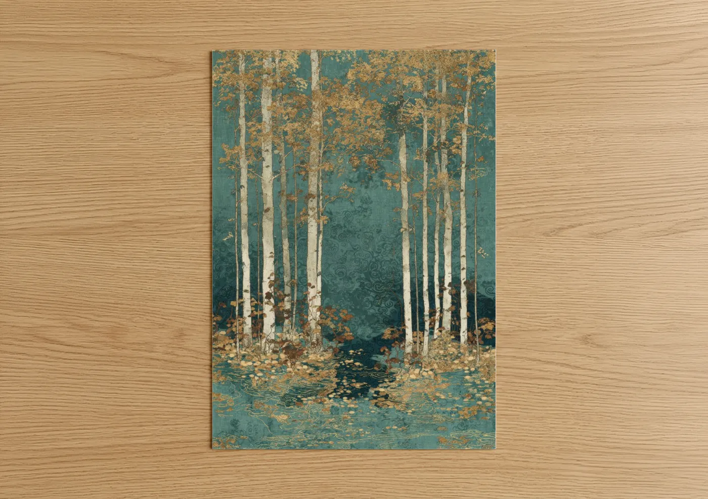 Birch tree art print on warm oak wood — teal and gold palette — Golden Birch Forest poster