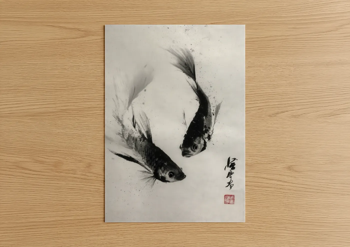 Fighting fish art print on warm oak wood — black and white palette — Dancing Bettas poster