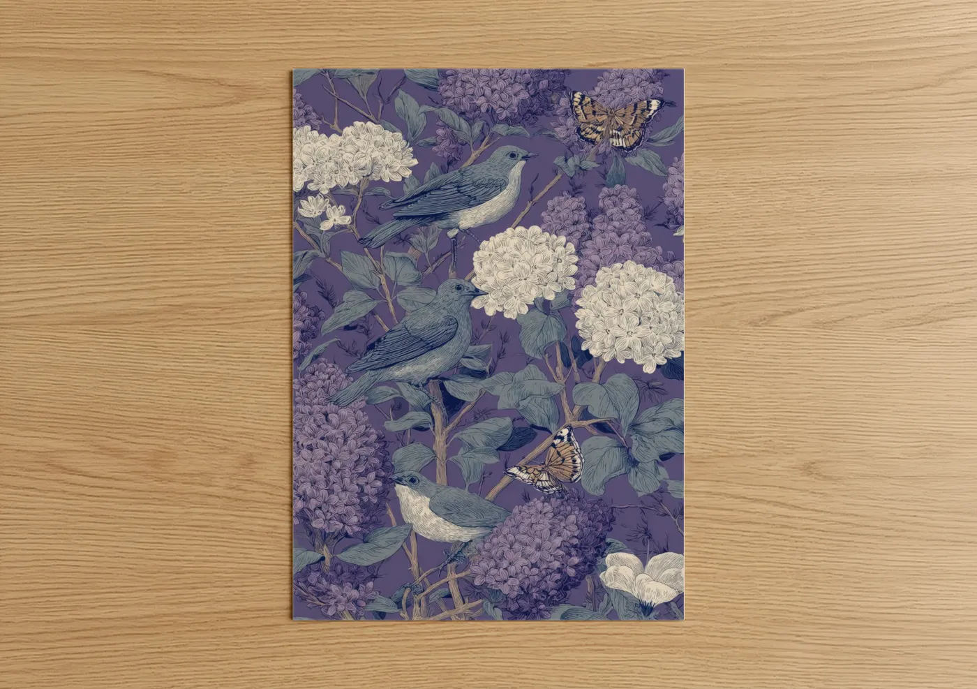 Lilac Garden Birds Botanical Illustration Wall Art