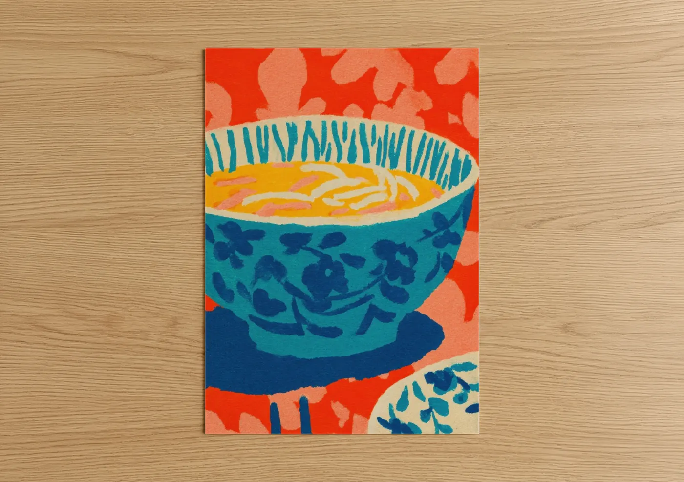 Poultry art print on warm oak wood — teal and red palette — Noodle Bowl Warmth poster