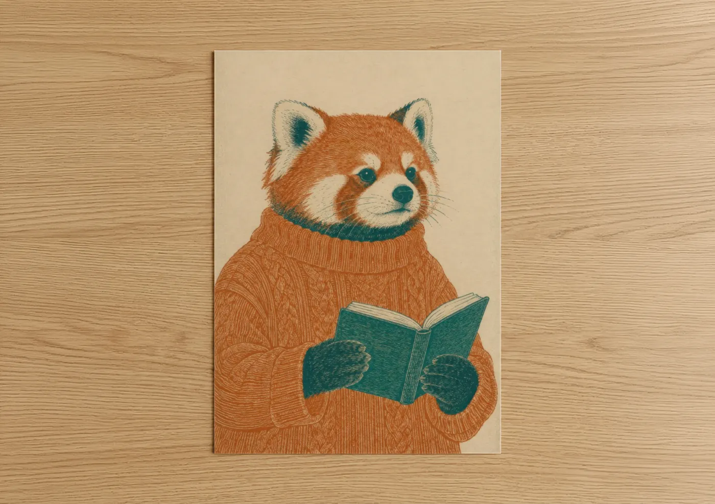 Fox art print on warm oak wood — beige and teal palette — Red Panda Reading Wall Art poster
