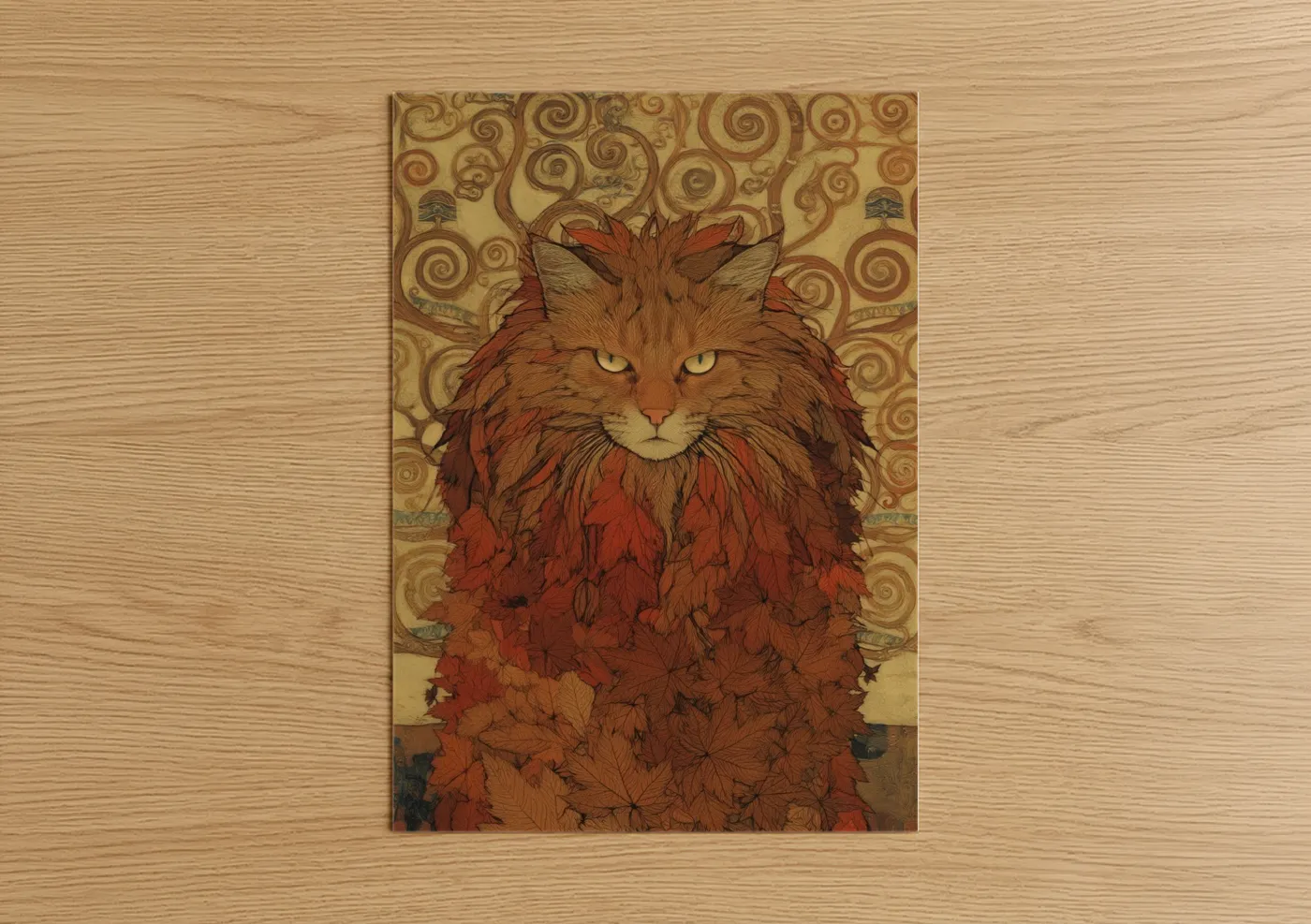 Autumn Leaf Cat Art Illustration Wall Art
