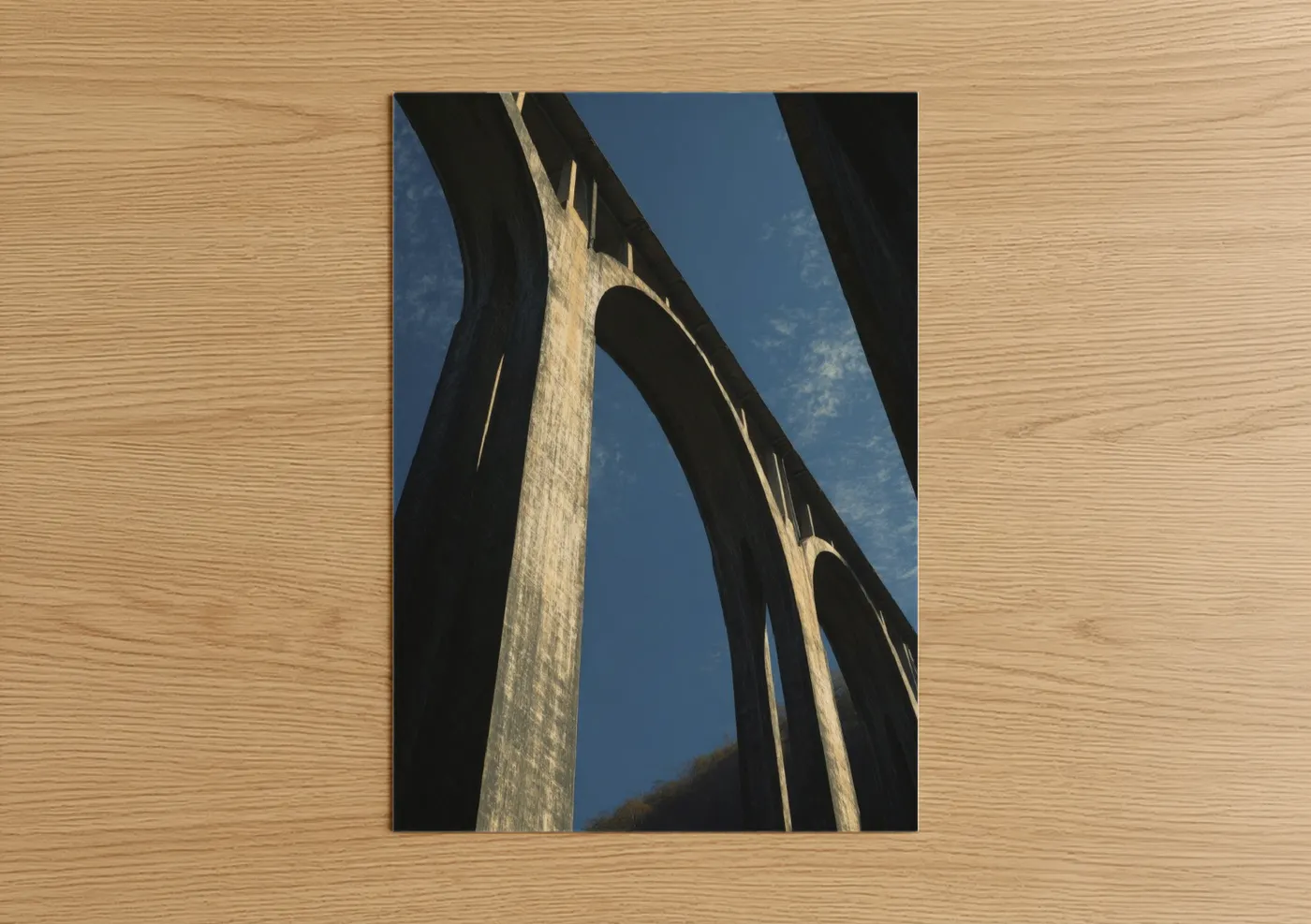 Bridges art print on warm oak wood — blue and gray palette — Architectural Viaduct poster