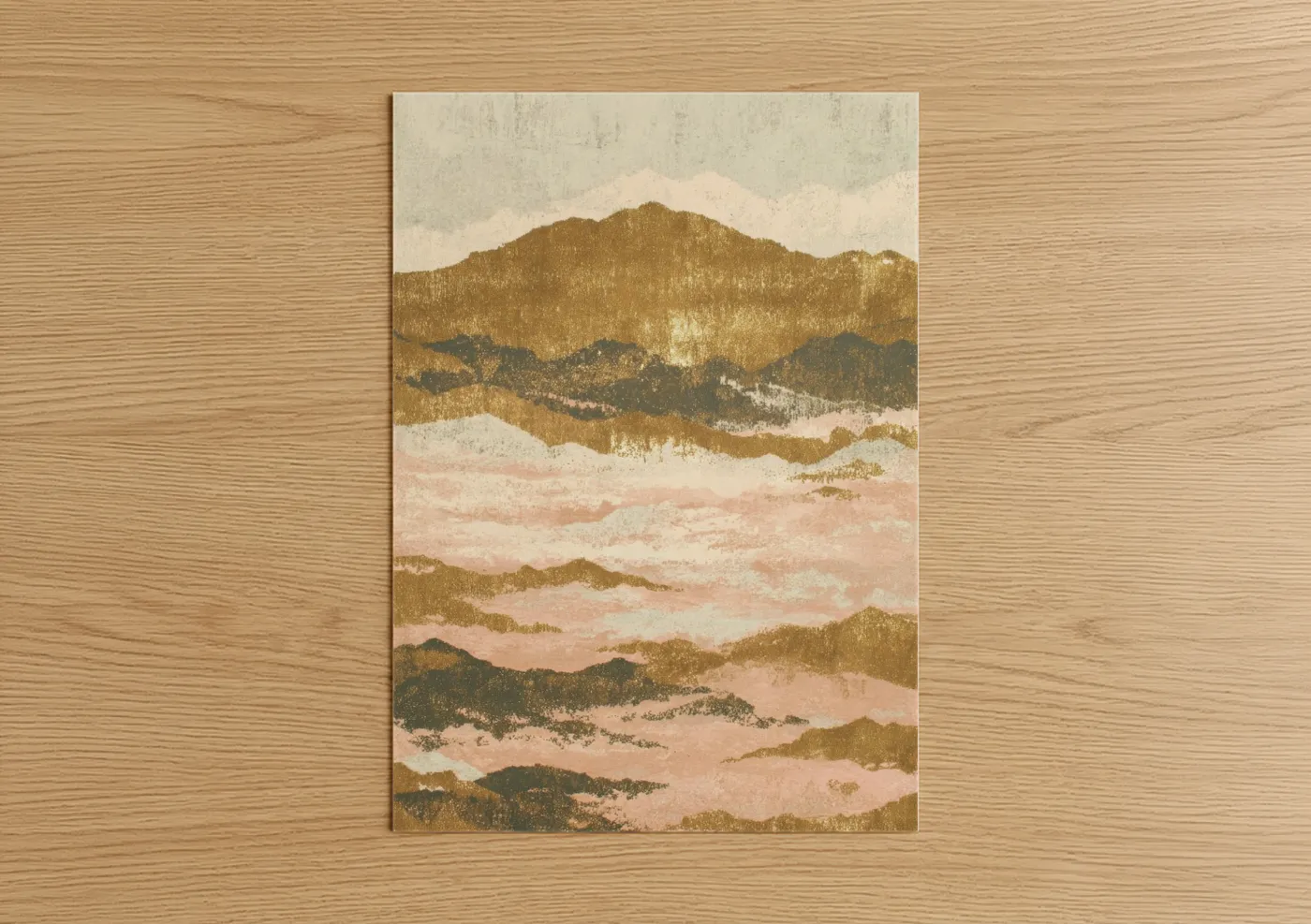 Islam art print on warm oak wood — gold and peach palette — Golden Mountain Landscape poster