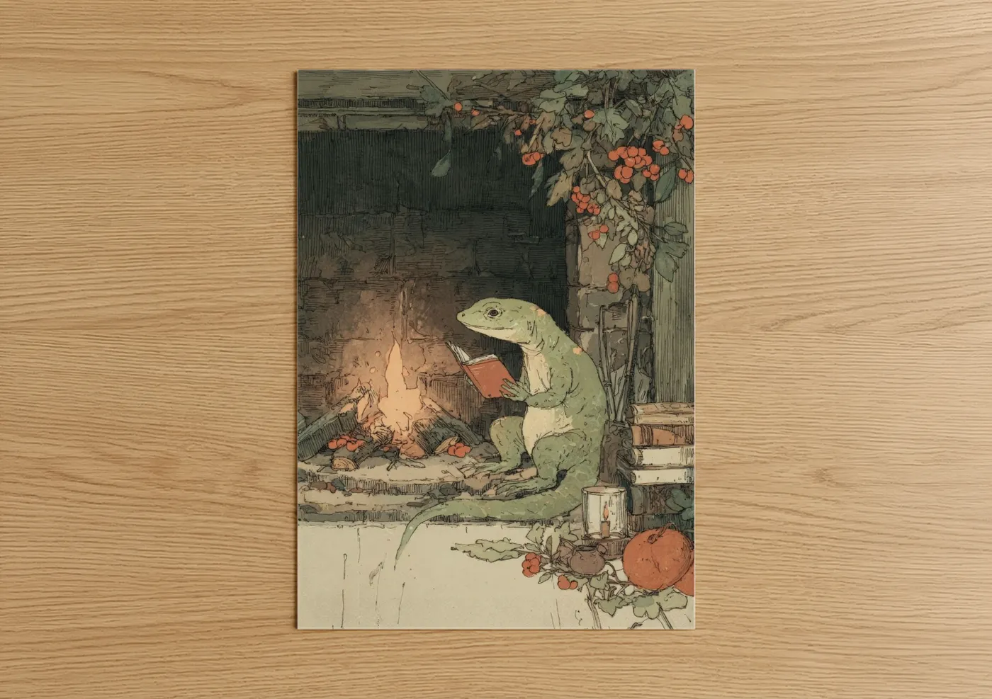 Whimsical Lizard Reading by Fireplace Wall Art