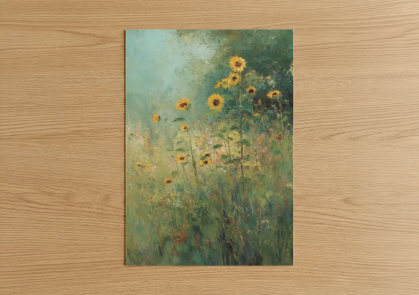 Art print on warm oak wood — yellow gold and sage green palette — Golden Sunflower Field poster