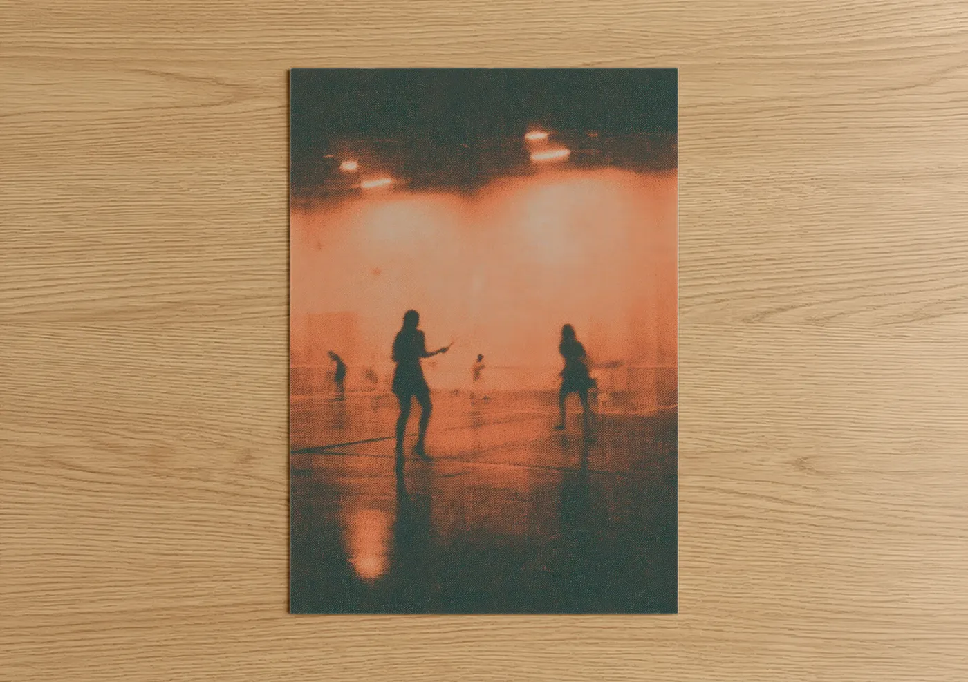 Art print on warm oak wood — orange and dark blue palette — Sunset Racquetball poster