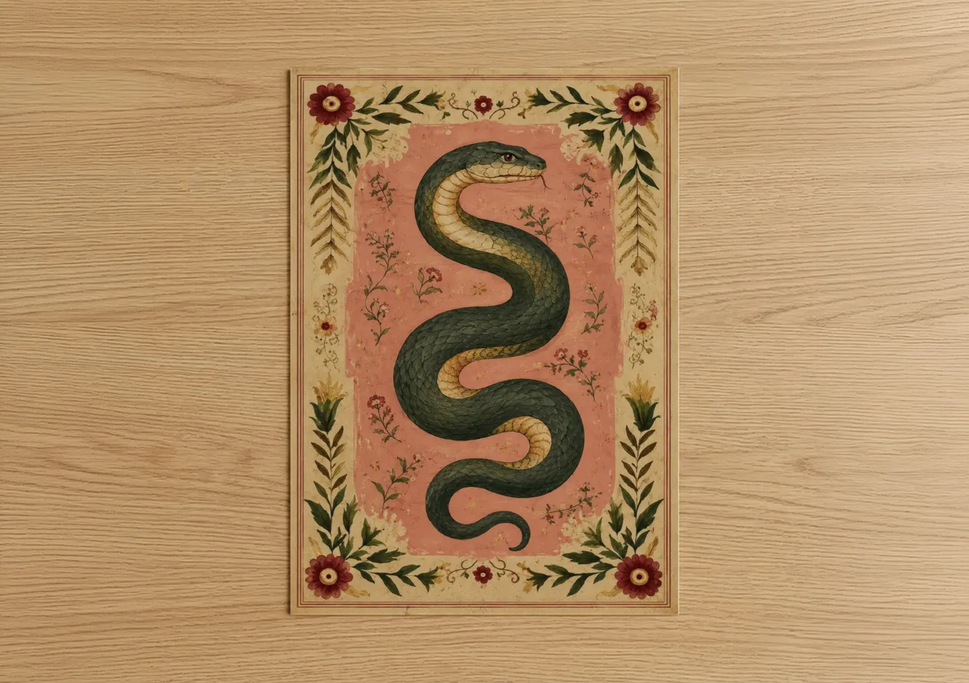 Art print on warm oak wood — peach and dark green palette — Vintage Snake with Floral Border Wall Art poster