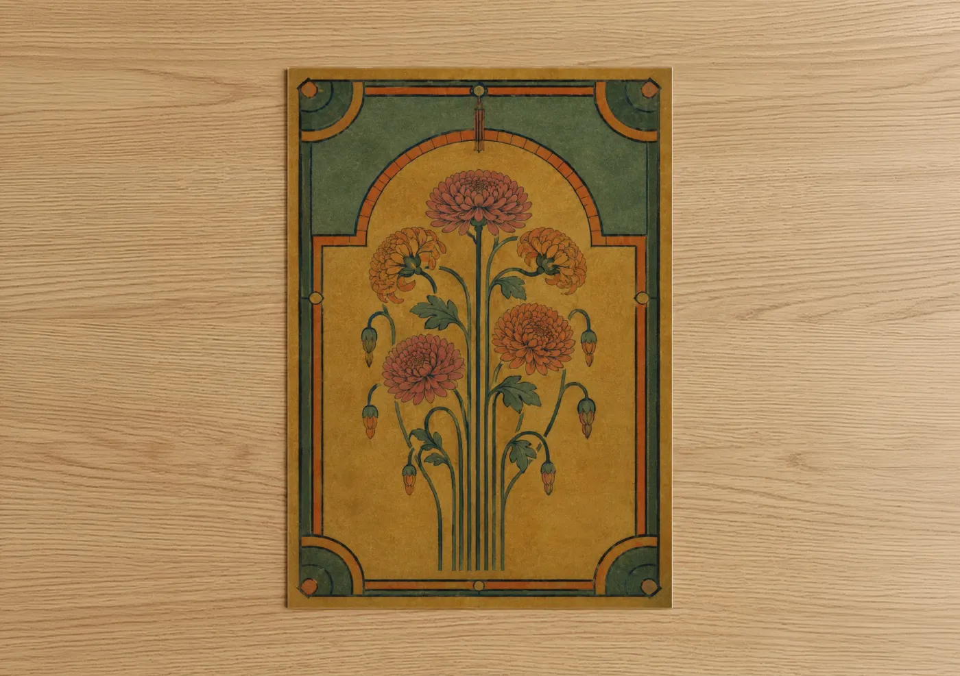 Art print on warm oak wood — gold and olive palette — Art Deco Chrysanthemum Floral Wall Art poster