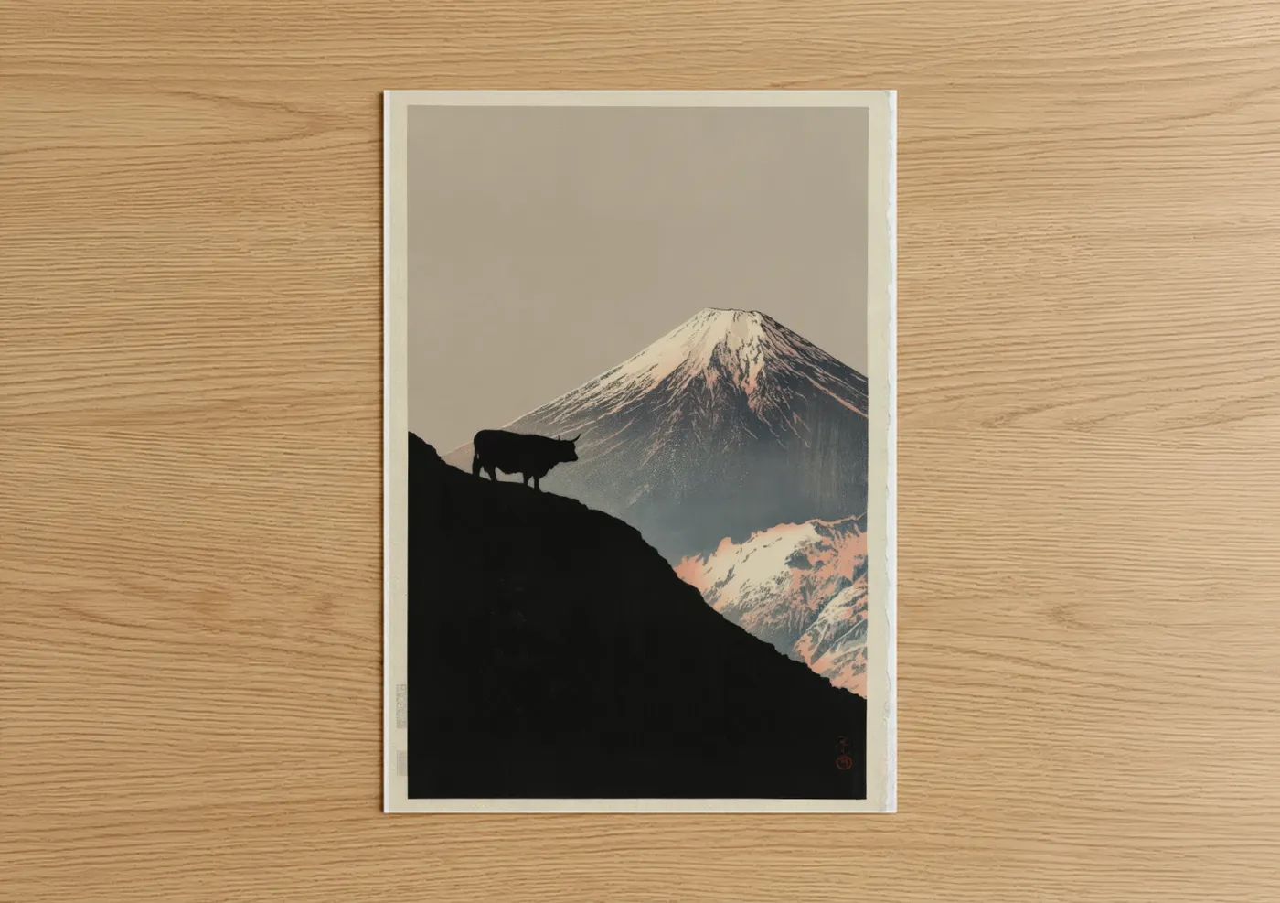 Highland cow art print on warm oak wood — black and cream palette — Alpine Highland poster